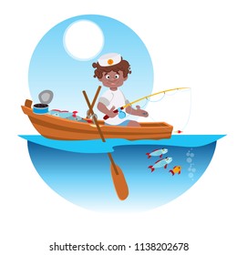 The guy sits in a wooden boat and catches a fishing rod. Fisherman in cartoon style.