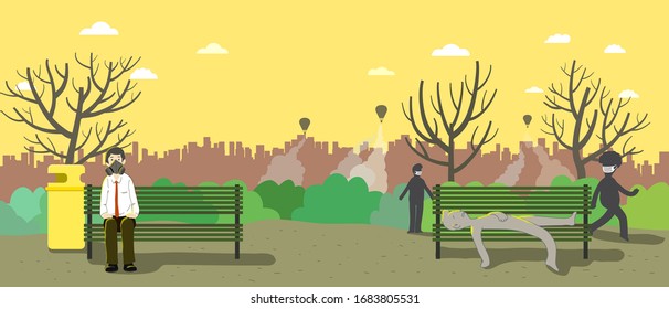 Guy sitting alone in the park wearing face mask with extreme caution and another ignorant man sleeping on the bench next to him as if nothing happened. Balloons flying in yellow sky  in the background 