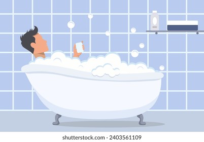 The guy is sitting in a bath with foam. Color vector illustration.