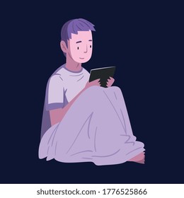 Guy Sitting in the Bed with Tablet PC at Night, Boy Using Digital Gadget for Playing Online Video Game or Chatting on Social Networks Vector Illustration