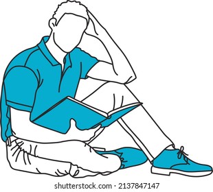 A guy is sitting with a book or magazine on his lap. Minimalism. Linart and pale blue color.	
