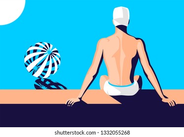 The guy sitting by the pool on a hot summer day. Vector illustration.