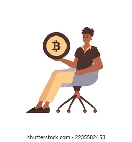The guy is sitting in a chair and holding a bitcoin coin in his hands. Character in trendy style.