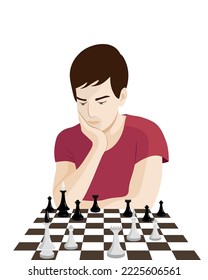 The guy is sitting at the chessboard thinking, playing chess, flat vector, isolate on white