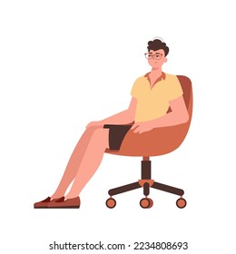 El tipo está sentado en una silla cómoda. Carácter con un estilo moderno.