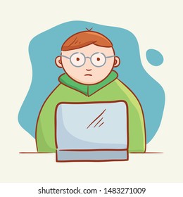 The guy is sitting at the computer. Funny Cartoon Character