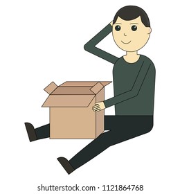 The guy is sitting and dismantling the box. Cartoon character isolated on white background
