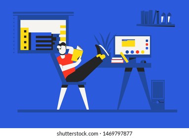Guy sitting with his legs on desk with computer and reading book instead of working under tasks. Procrastinating men, procrastination student. Vector flat illustration 