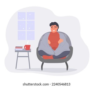 The guy is sitting at home in quarantine, sick, sneezing. A man is being treated for a cold, drinks medicine, warms up with a hot drink. Vector graphics.