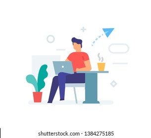 Guy is sitting with a laptop in a cafe icon, illustration. Smartphones tablets user interface social media.Flat illustration Icons infographics. Landing page site print poster. Eps vector.