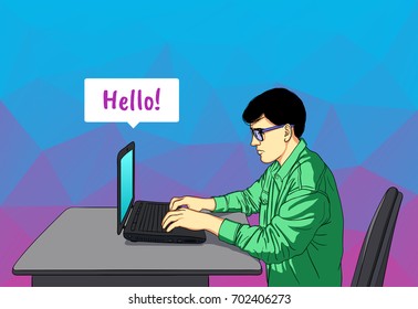 The guy is sitting at the laptop and typing. Designer with bubble talk. Vector illustartion for banner