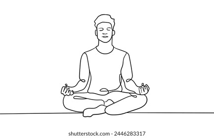 Guy sitting in meditation continuous line art drawing isolated on white background.  Concentration line art drawing. Vector illustration