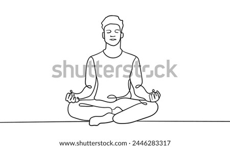 Guy sitting in meditation continuous line art drawing isolated on white background.  Concentration line art drawing. Vector illustration
