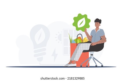 The guy is sitting next to a package with healthy food and holding an EKO icon. Healthy food, ecology, recycling and zero waste concept. Trend vector illustration.