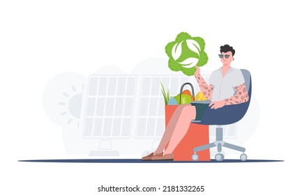 The guy is sitting next to a package with healthy food and holding an EKO icon. Healthy food, ecology, recycling and zero waste concept. Flat trendy style. Vector.