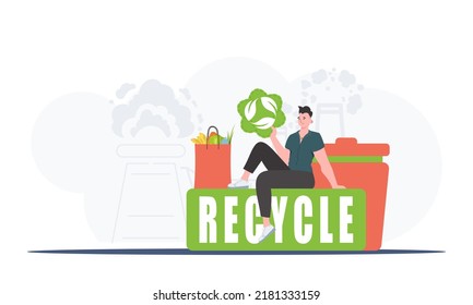 The guy is sitting next to the package of the right food and holding the EKO icon. Ecology and green planet concept. Trend vector illustration.