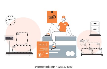 The guy is sitting on a bank card and holding a parcel. Parcel delivery concept. Linear modern style.