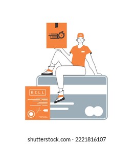 The guy is sitting on a bank card and holding a parcel. Parcel delivery concept. Linear modern style. Isolated on white background. Vector illustration.