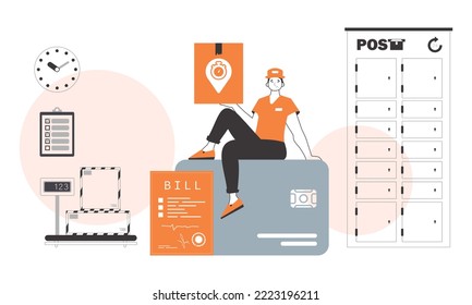 The guy is sitting on a bank card and holding a parcel. The concept of the delivery of goods and parcels. Linear modern style.