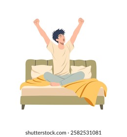 A guy is sitting on a bed and stretching. Color vector illustration.