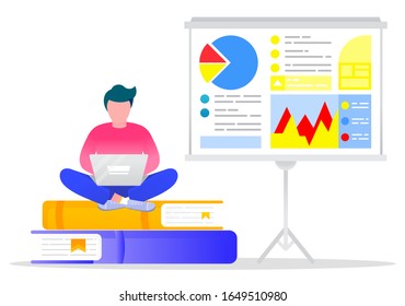 Guy sitting on books and typing on laptop. Man holds presentation of business project. Person explain statistics charts and diagrams on meeting. Vector illustration of appointment in flat style