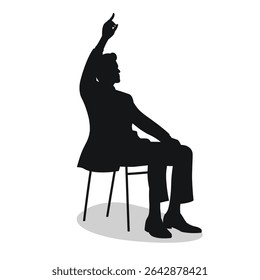 Guy sitting on chair, hand raised high with index finger up, gesture of calling waiter, black silhouette of man