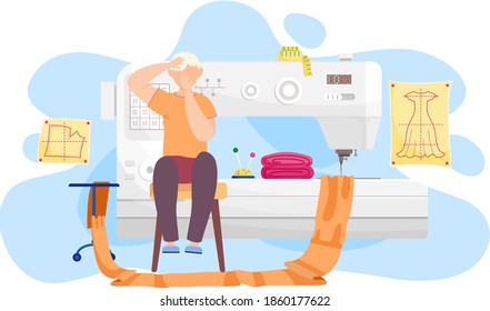 The guy is sitting on a chair. A man is thinking about a fashion design of clothes. Male character in the tailoring studio. Pattern of dress on background. Designer works with a sewing machine