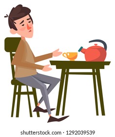 The guy is sitting on the chair next to the table. Drinking tea alone. Vector illustration in cartoon style.
