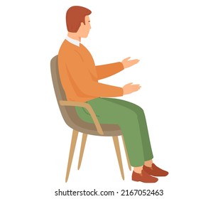 Guy sitting on chair and watching show isolated on white. Male character in viewer seat is looking at something. Smiling man in audience expresses emotions with hands, spectator sitting looking away