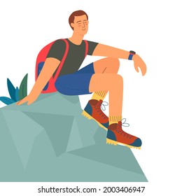 Guy sitting on cliff. Hiking concept. Mountain tourism trip. Vector illustration