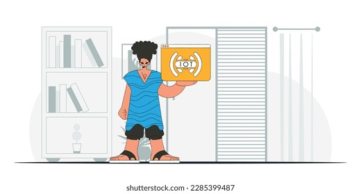 Hombre sentado en el suelo, aferrándose al logo de IoT. carácter vector de estilo moderno.
