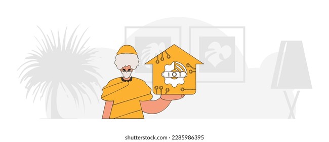 Guy sitting on floor holds IoT logo modern vector character style.