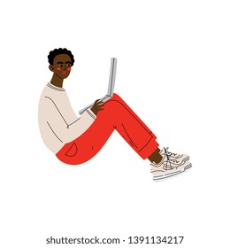 Guy Sitting on Floor with Laptop, Young African American Man Working or Relaxing Using Computer Vector Illustration