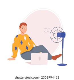 Guy is sitting on the floor with a laptop and a fan. Guy with ventilation equipment in hot weather. Vector graphics.	