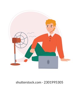 	
Guy is sitting on the floor with a laptop and a fan. Guy with ventilation equipment in hot weather. Vector graphics.