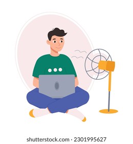 Guy is sitting on the floor with a laptop and a fan. Guy with ventilation equipment in hot weather. Vector graphics.