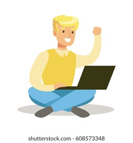 Guy Sitting On The Floor With LapTop, Part Of Happy Gamers Enjoying Playing Video Game 
