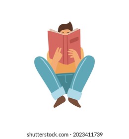 Guy sitting on a floor and reading a book isolated on white background. Front view. Book lover isolated concept. Vector illustration in a flat cartoon style.