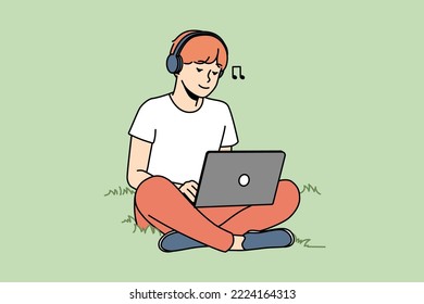 Guy Sitting On Grass Outdoors Working On Laptop Wearing Earphones. Happy Man Relax Outside With Computer Listen To Music In Headphones. Vector Illustration. 