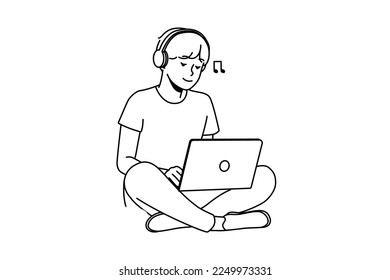 Guy sitting on grass outdoors working on laptop wearing earphones. Happy man relax outside with computer listen to music in headphones. Vector illustration. 