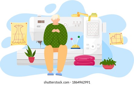 The guy is sitting on a large sewing machine. A man is thinking about a fashion design of clothes. Male character in tailoring studio. Pattern of dress on background. Designer sews a dress to order