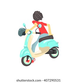 Guy Sitting On Scooter From The Back Flat Isolated Vector Simple Drawing On White Background In Cartoon Style