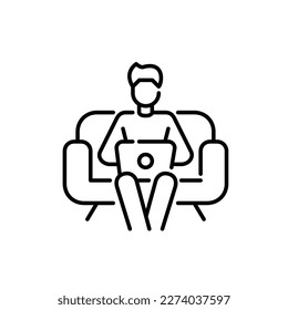 Guy sitting on a sofa with a computer. Working from home freelance office. Pixel perfect, editable stroke icon