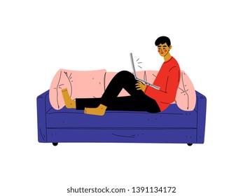 Guy Sitting On Sofa with Laptop, Young Man Working or Relaxing at Home Using Computer Vector Illustration