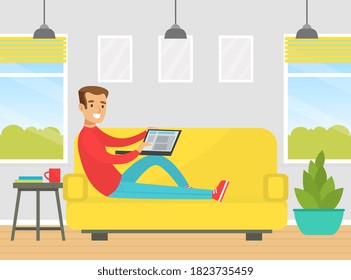 Guy Sitting on Sofa with Laptop Computer, Freelance, E-learning, Remote Work Concept Flat Vector Illustración