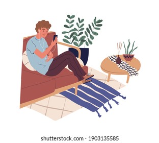 Guy sitting on sofa with phone and surfing internet. Young man watching funny videos in social networks. Teenager spending time at home using smartphone. Flat vector illustration isolated on white