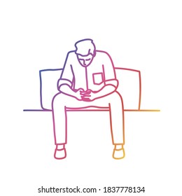 Guy is sitting on sofa and using phone. Gradient line. Vector illustration.