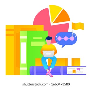 Guy sitting on stack of books and studying online. Teenager learning educational material using laptop with internet and textbooks from library. Diagram icon with statistics data. Vector illustration