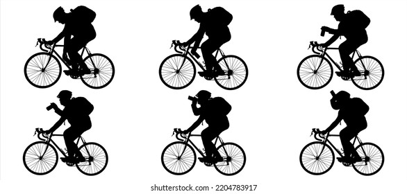 The guy is sitting on top of the bike, wearing a sports helmet, with a backpack on his back, drinking from a bottle. Animation of a cyclist holding a bottle. Black male silhouettes isolated on white