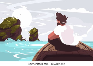 Guy sitting on wooden boat in sea. Marine traveler in swimming. Vector illustration